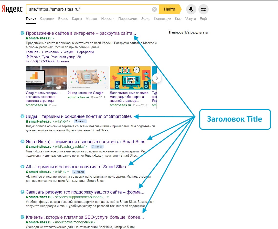 Заголовок Title, вид на выдаче Яндекс – Smart Sites